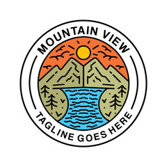 Premium Monoline View Mountain vintage Logo Design Emblem Vector illustration Adventure badge symbol icon