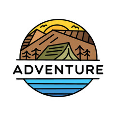 Premium Monoline Camping on the mountain vintage Logo Design Emblem Vector illustration Adventure badge symbol icon