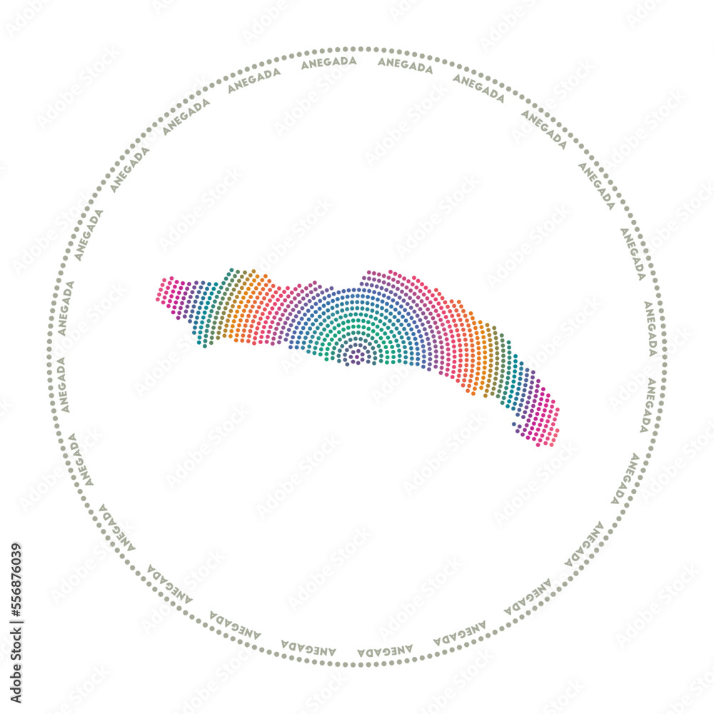 Poster anegada round logo. digital style shape of anegada in dotted circle with island name. tech icon of t