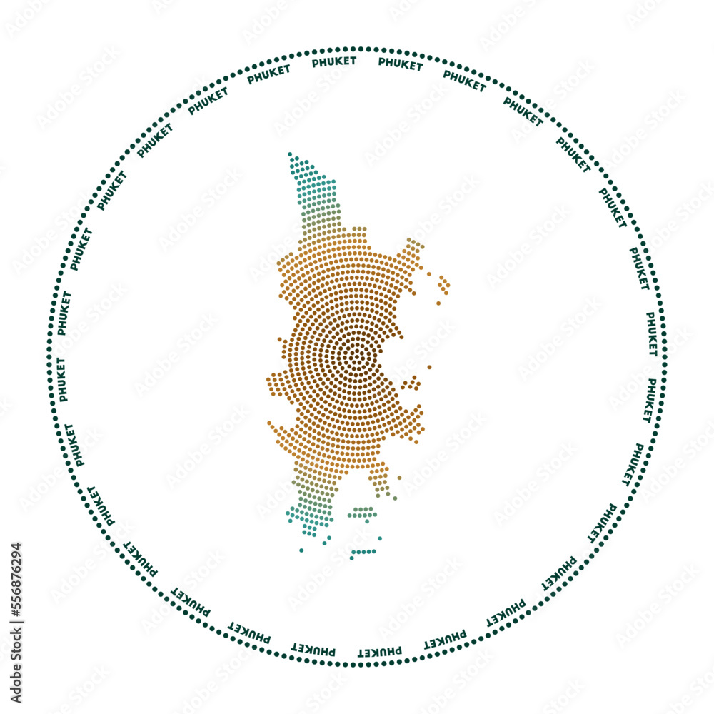 Poster phuket round logo. digital style shape of phuket in dotted circle with island name. tech icon of the