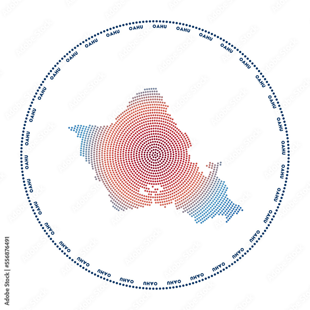 Poster oahu round logo. digital style shape of oahu in a dotted circle with the island name. tech icon of t