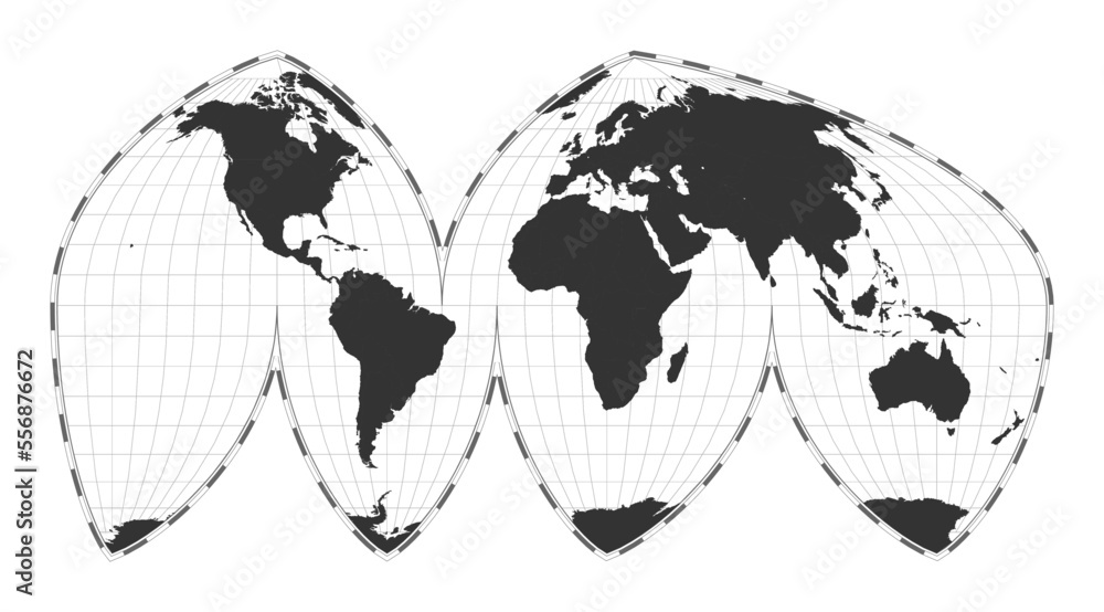 Poster vector world map. boggs' interrupted eumorphic projection. plain world geographical map with latitud