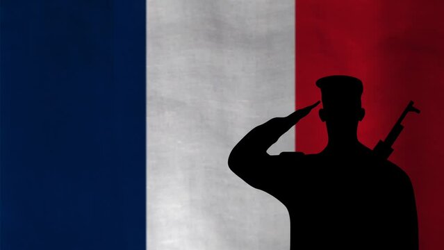 French soldier saluting the blur waving nation flag in slow motion animation. concept for national holiday, events and pride for nation.
