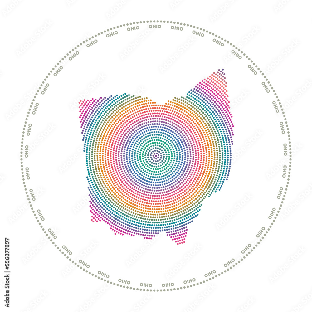 Poster ohio round logo. digital style shape of ohio in dotted circle with us state name. tech icon of the u