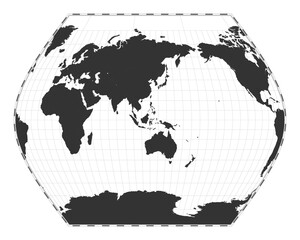 Vector world map. Ginzburg VIII projection. Plain world geographical map with latitude and longitude lines. Centered to 120deg W longitude. Vector illustration.