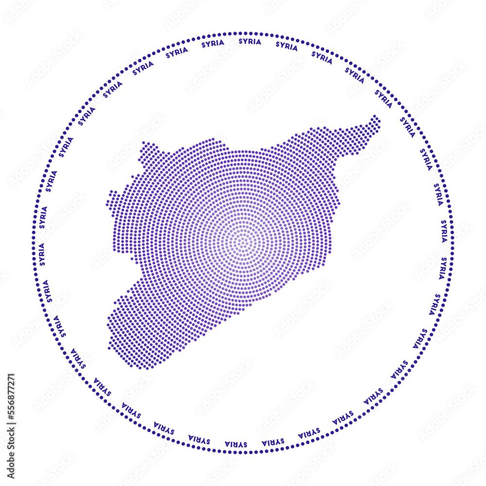 Poster syria round logo. digital style shape of syria in dotted circle with country name. tech icon of the 
