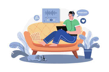 Man Listening To The Podcast While Sitting On A Couch