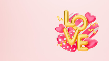 Valentine's day heart shape Love word pink gold gift box Romantic decorative elements background Valentines Day concept. 3d rendering.