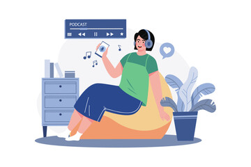 Woman Listening To A Podcast While Sitting On A Beanbag