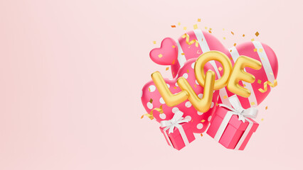 Valentine's day heart shape Love word pink gold gift box Romantic decorative elements background Valentines Day concept. 3d rendering.