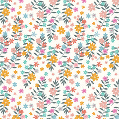 Pink Blue Yellow Spring Flower and Leaf Garden Allover Seamless Pattern Design Artwork