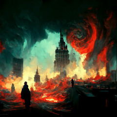 chaos in a modern city after apocalypse digital art