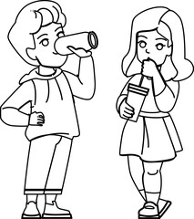 drink kid line pencil drawing vector. child girl glass, healthy happy, little water, boy cute, lifestyle person, food drink kid character. people Illustration