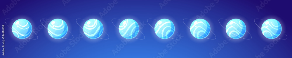 Poster set of planet rotation isolated on background. cartoon illustration of neon blue space object with a