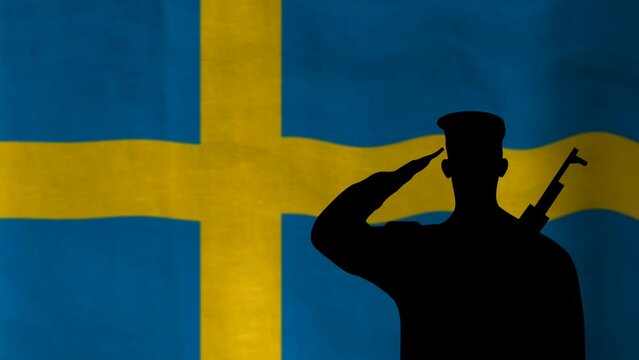 Sweden soldier saluting the blur waving nation flag in slow motion animation. concept for national holiday, events and pride for nation.