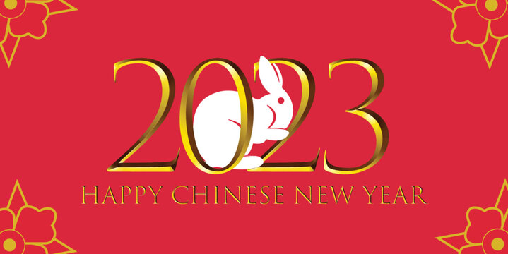 chinese new year 2023 with the rabbit, year of the cloud banner roaring stand on abstract modren curve mountain and firework vector design