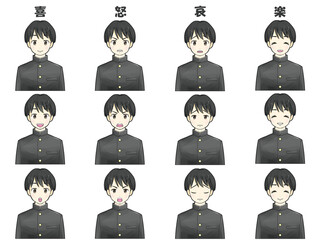 男子学ラン冬服　喜怒哀楽の表情差分イラストセット