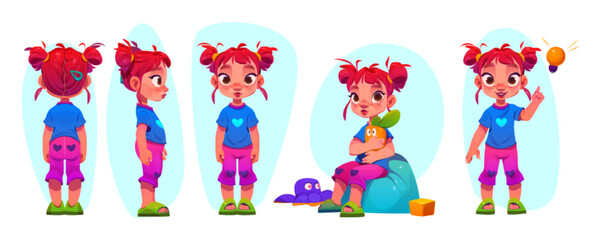Little girl cartoon character for animation front, side and rear view. Cute caucasian baby, redhead toddler sitting with toy on bean bag and having idea with light bulb, Vector illustration, set