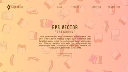 Bread web page background. Concept of online fast food delivery service, young man standing near tablet to order fast food with bakery background