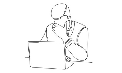 Continuous line of overworked businessman is under stress with headache