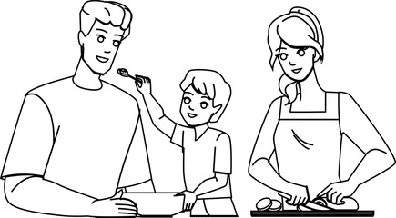family eating line pencil drawing vector. food meal, child, mother lunch, father happy, dinner together, man home, parent caucasian, female family eating character. people Illustration