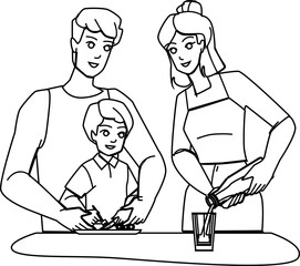 family eating breakfast line pencil drawing vector. father child, morning food, together mother, parent kitchen, table home, man smiling, happy, boy son family eating breakfast character. people
