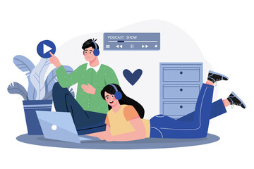 Obraz premium Couple Listening Podcast Show