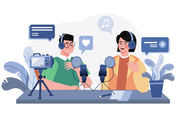 Man And Woman Recording A Podcast Conversation