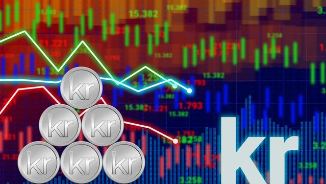 swidish krona value, rate, stock, information and changing diagram animation with silver coin and blur moving charts.