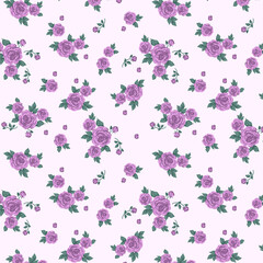 Ditsy Purple Lavender with Green Leaf Rose Flower Floral Garden Seamless Allover Pattern Design Artwork