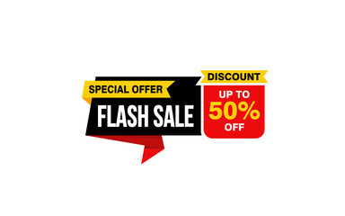 50 Percent FLASH SALE offer, clearance, promotion banner layout with sticker style. 

