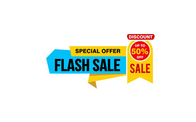 50 Percent FLASH SALE offer, clearance, promotion banner layout with sticker style. 
