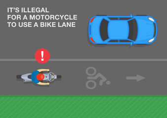 Safe motorcycle riding rules and tips. It is illegal for a motorcycle to use a bike lane. Top view of a biker riding on the bike lane. Flat vector illustration template.