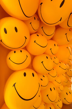 Bangkok,Thailand - DEC 15, 2022 : smiley ball decorate at front of Siam Paragon shopping mall in New year festival