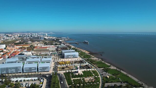 Aerial view overlooking the Braco de Prata and the coast of sunny Lisbon, Portugal