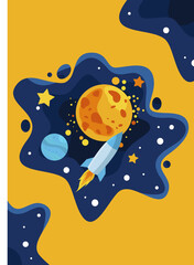 Fototapeta premium Cosmos vector flat design background. Cute template with spaceship, rocket, Moon, black hole, Stars in outer space and planets