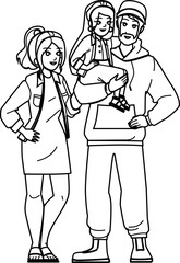 family fashion line pencil drawing vector. kid child, daughter young, mother girl, happy woman, man together, mom father, casual family fashion character. people Illustration