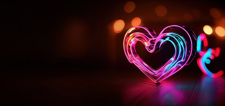 love heart neon light, decor, bright light, romantic. Love and valentine day concept. Neural network generated Ai art. Digitally generated image. Not based on any actual scene or pattern.