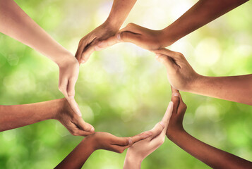 International Human Solidarity Day concept: Human hands in shape of circle. Unity, world peace...
