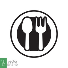 Spoon and fork on a plate icon. Simple flat style. Kitchen utensil, cutlery, silverware, culinary, food concept, silhouette symbol. Vector illustration isolated on white background. EPS 10.