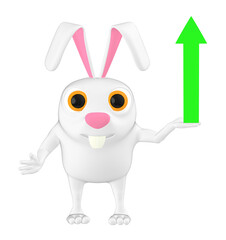 3d character , rabbit showing a upward direction arrow