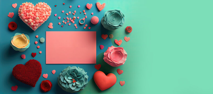 Valentine frame and banner. Red decoration. flat lay, romantic. Love and valentine day concept. Neural network generated Ai art. Digitally generated image. Not based on any actual scene or pattern.