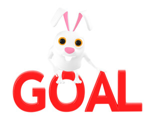 3d character , rabbit sitting on goal text