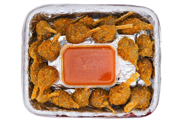 Sempol Ayam is Indonesian street food made from mixture of chicken meat and tapioca flour which is coated by eggs. Served with chili sauce