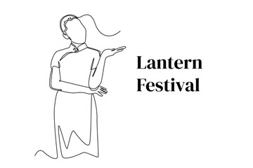 Continuous one line drawing happy young asian woman in chinese traditional clothing celebrate lantern festival. Lantern festival concept. Single line draw design vector graphic illustration.