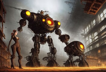 Steampunk giant in a factory