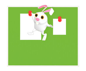 3d character , rabbit hanging on pins in a boards , empty notes