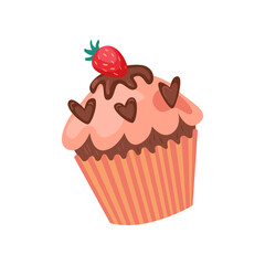 Pink chocolate cupcake or muffin vector illustration. Drawing of little cake with frosting isolated on white background. Holiday, dessert, decoration concept