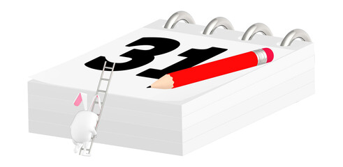 3d character , rabbit stepping into a ladder which reach up at a calender with date 31