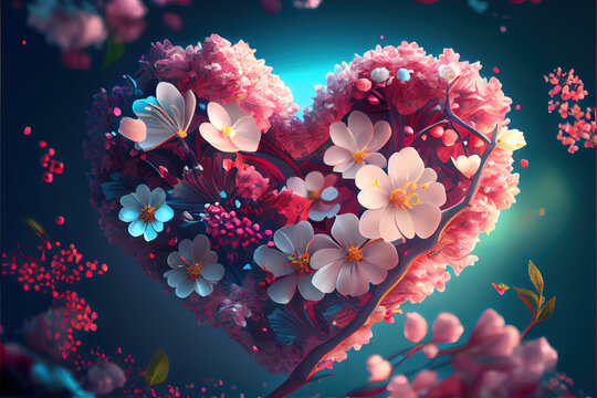 valentines day background, love heart shape make by rose, cherry blossom, daisy flowers... . Neural network generated Ai art. Digitally generated image. Not based on any actual scene or pattern.